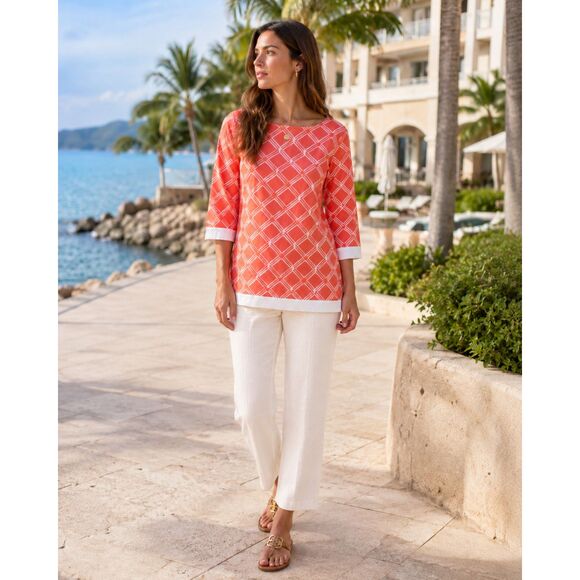 Talbots Tops - Talbots Cotton-Silk Blend Tunic Top - Lightweight Coral/White Womens Sz Small